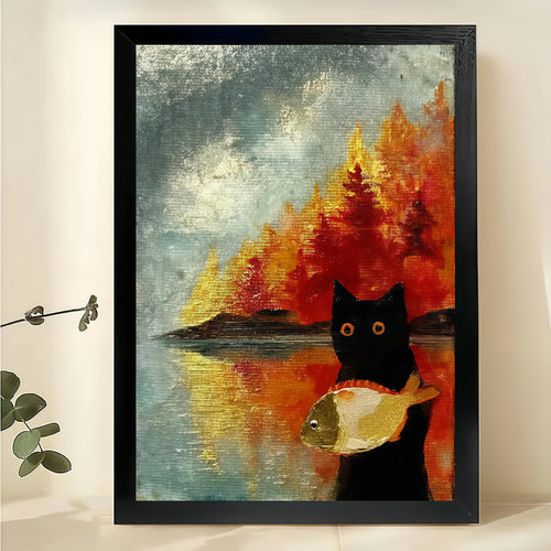 Black Cat with Fish by Autumn Lake – Vintage Landscape Wall Art on Natural Wood Canvas