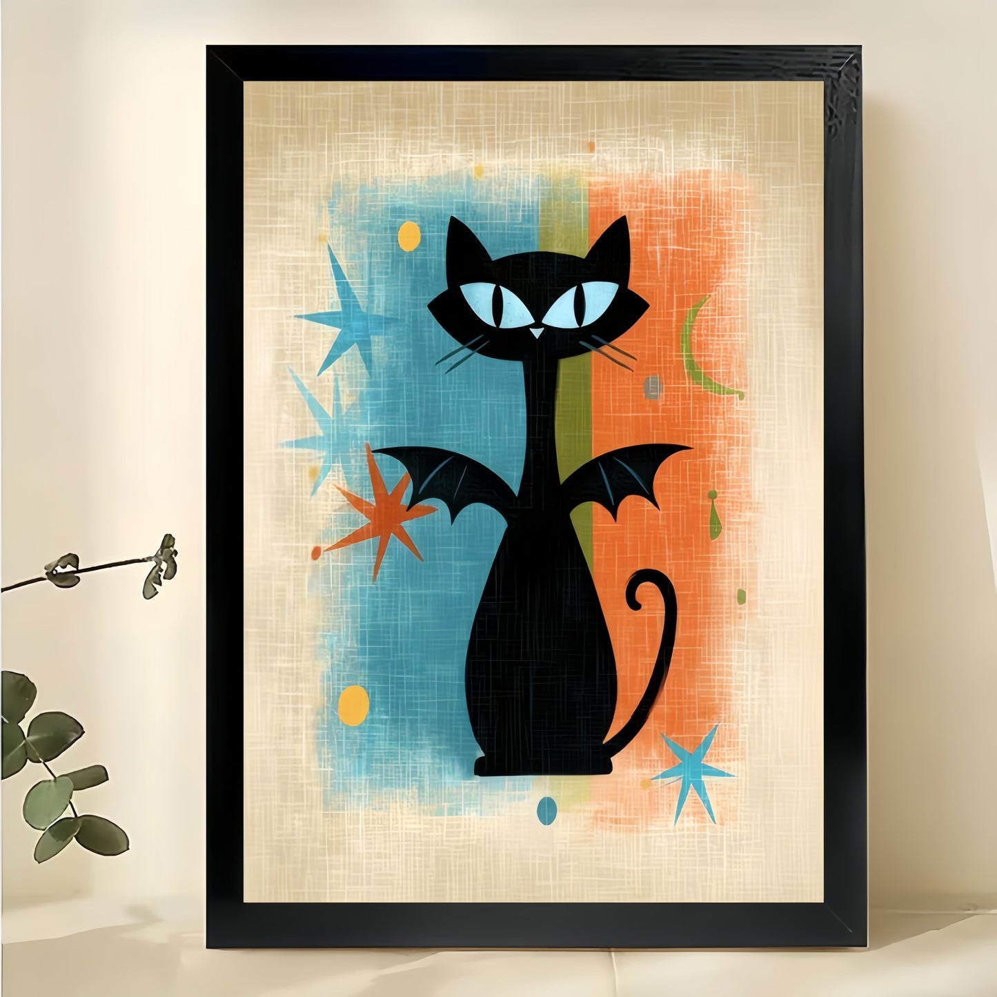 Retro Bat Cat – Mid-Century Modern Abstract Cat Wall Art on Natural Wood Canvas