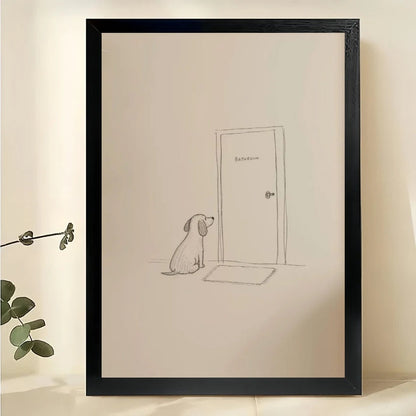Dog Waiting at the Door Line Art Wall Art – Simple Hand-Drawn Pet Canvas Print on Natural Wood Frame