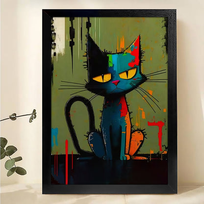 The Moody Abstract Cat – Bold Artistic Feline Wall Art on Natural Wood Grain Canvas