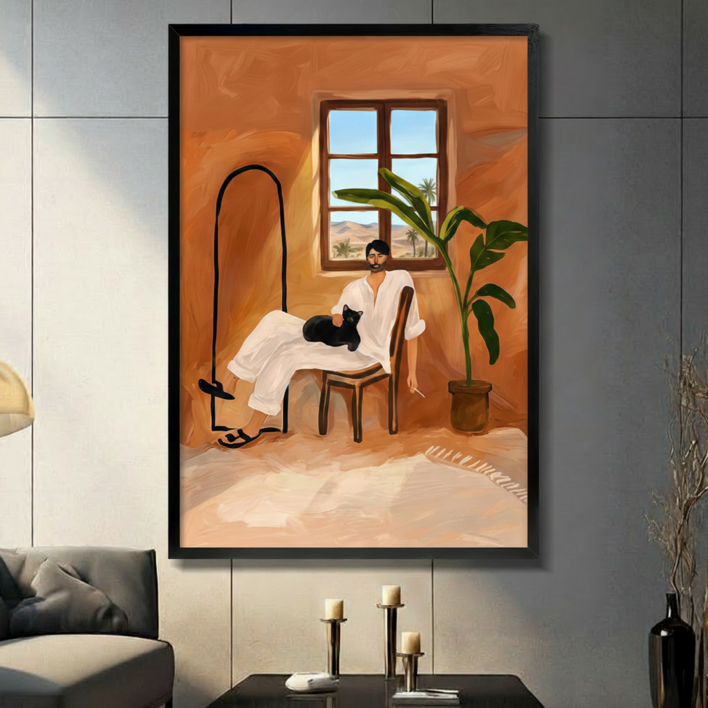 Moroccan Room Man Black Cat Desert Canvas Print