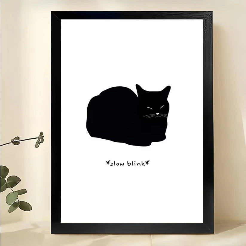 Minimalist Black Cat “Follow Blink” – Sleek Monochrome Wall Art on Natural Wood Canvas