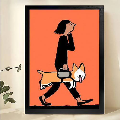 Woman Walking with Corgi Wall Art – Minimalist Orange Background Canvas Print on Natural Wood Frame