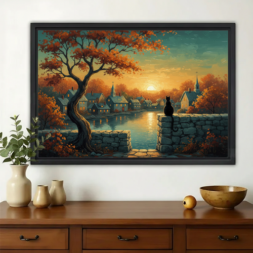 Autumn River Town Black Cat – Vintage Landscape Wall Art on Natural Wood Canvas