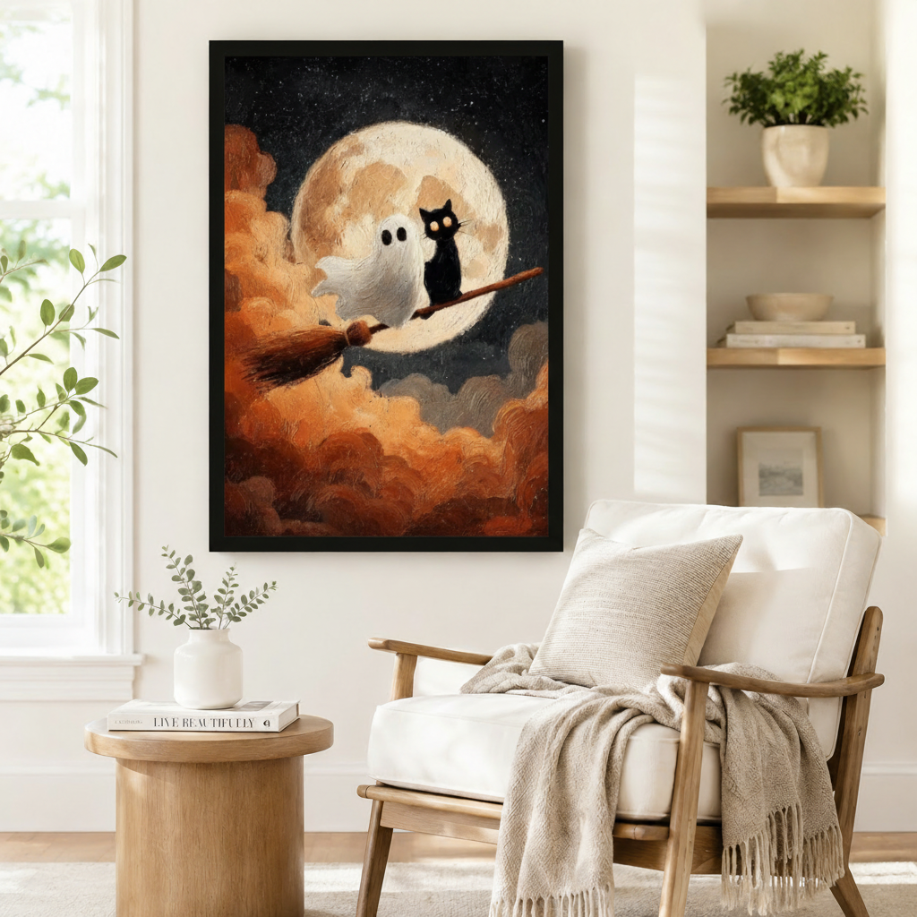 Black Cat Ghost Moonlit Halloween Canvas Wall Art