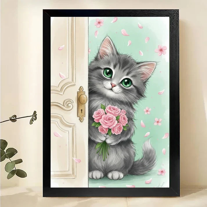 Cute Kitten with Roses Canvas Art – Adorable Cat Peeking Wall Print