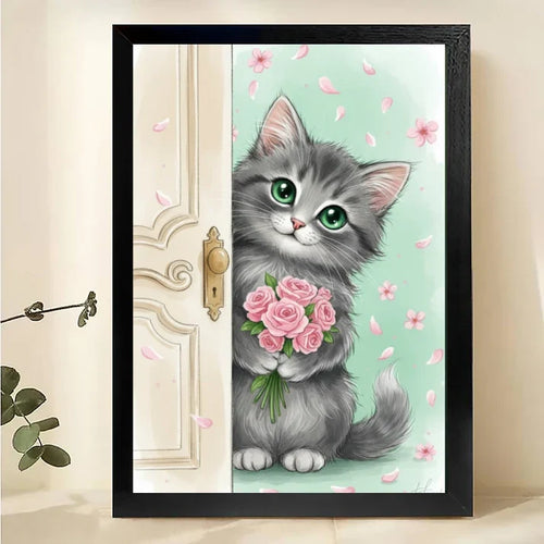 Cute Kitten with Roses Canvas Art – Adorable Cat Peeking Wall Print