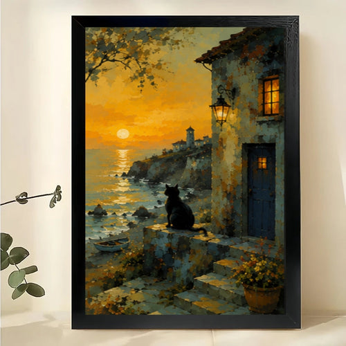Sunset Coastal Black Cat Wall Art – Vintage Impressionist Cat Canvas Print on Natural Wood Frame