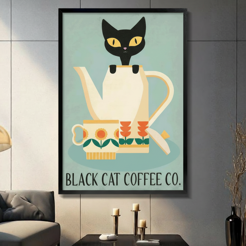 Black Cat Coffee Co Retro Poster Canvas Wall Art