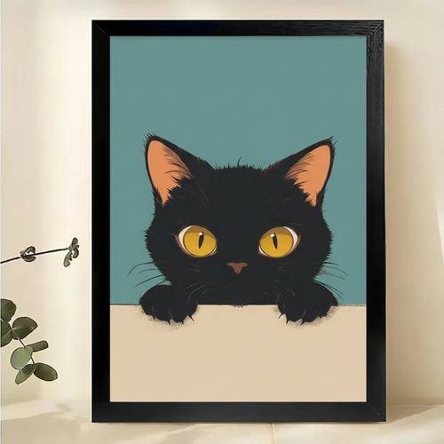 The Peeking Black Cat – Minimalist Cute Wall Art on Natural Wood Canvas