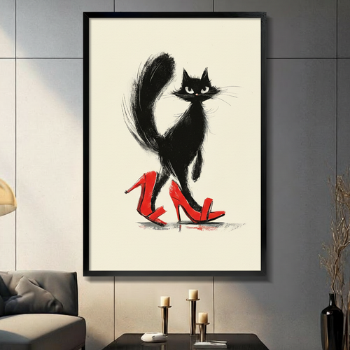 Chic Black Cat Red Heels Canvas Art Wall Art