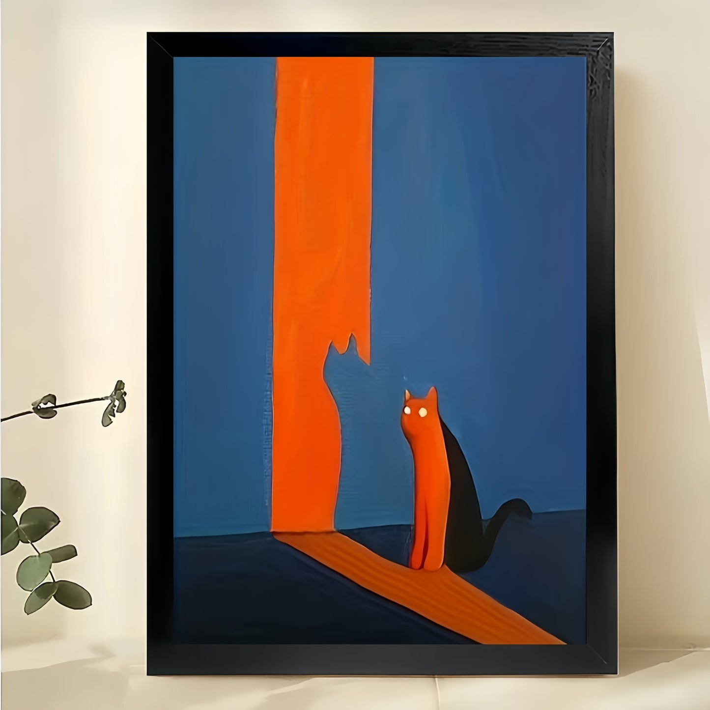 Orange Cat in Blue & Orange Hallway – Minimalist Mid-Century Wall Art on Natural Wood Canvas