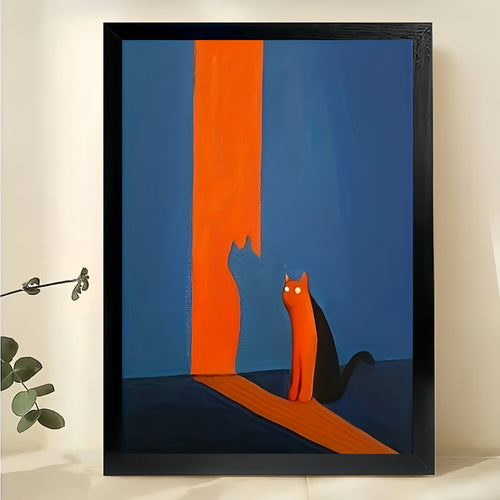 Orange Cat in Blue & Orange Hallway – Minimalist Mid-Century Wall Art on Natural Wood Canvas