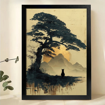 Black Cat in Japanese Mountain Landscape – Ukiyo-e Style Wall Art on Natural Wood Canvas