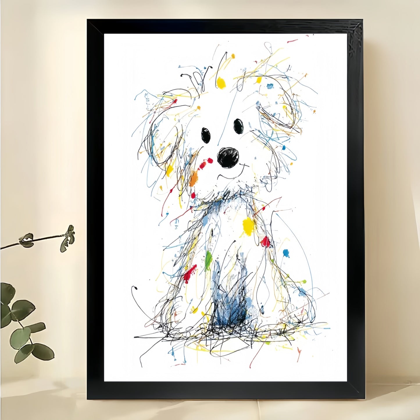 Colorful Scribble Style White Dog – Playful Abstract Wall Art on Natural Wood Canvas