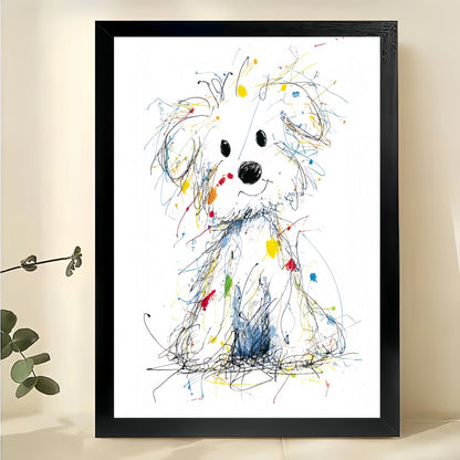 Colorful Scribble Style White Dog – Playful Abstract Wall Art on Natural Wood Canvas