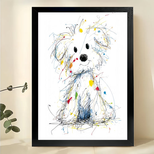 Colorful Scribble Style White Dog – Playful Abstract Wall Art on Natural Wood Canvas