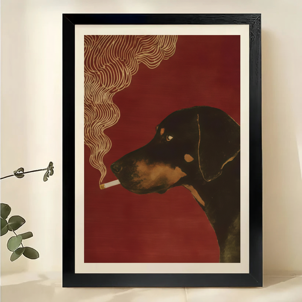 Smoking Doberman – Vintage Retro Dog Wall Art on Natural Wood Canvas