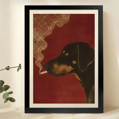 Smoking Doberman – Vintage Retro Dog Wall Art on Natural Wood Canvas