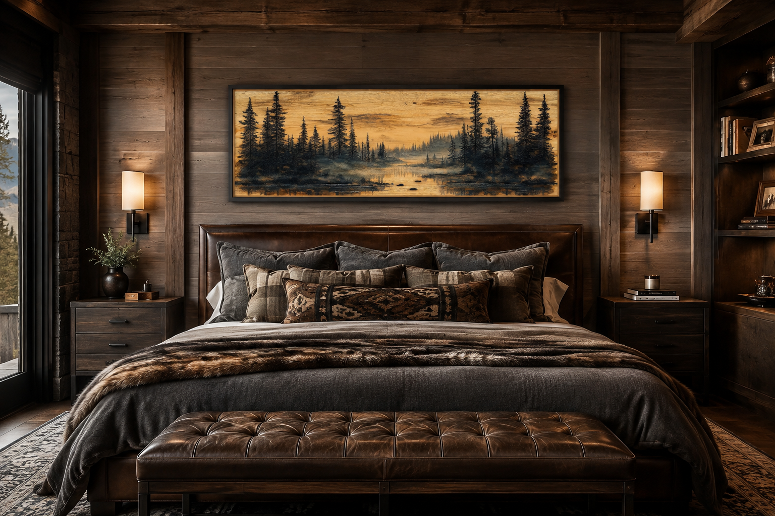 Rustic Pine Tree Forest Painted On Wood Panoramic Canvas Wall Art