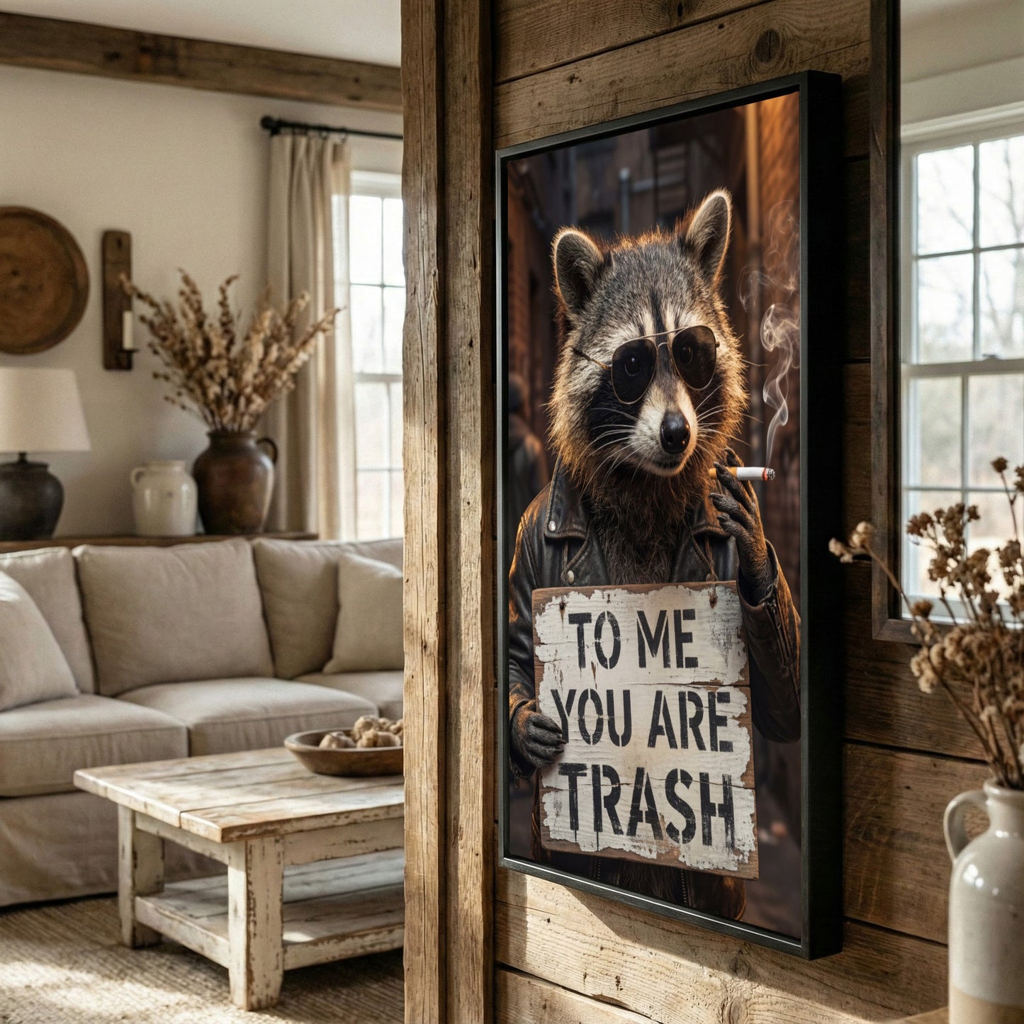 Raccoon Smoking Cigarette Holding “To Me You Are Trash” Sign Canvas Wall Art