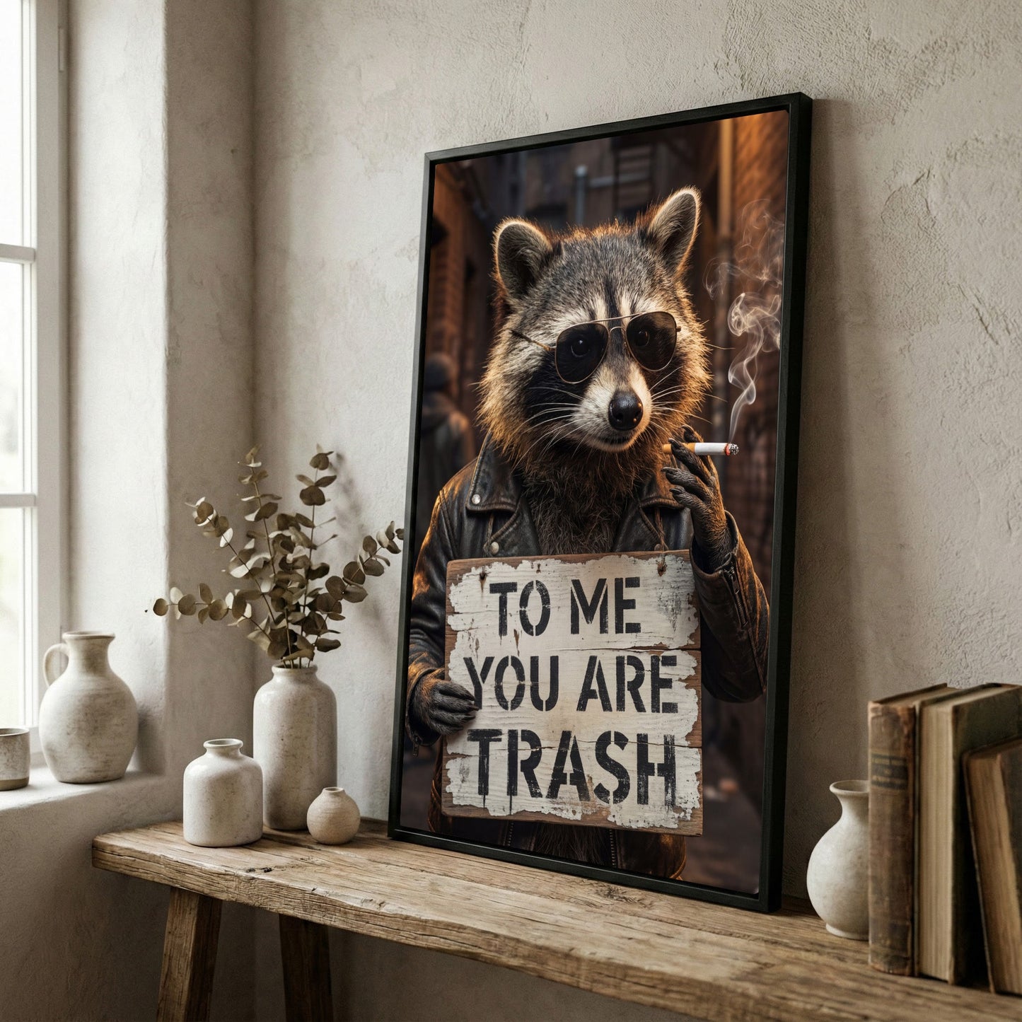 Raccoon Smoking Cigarette Holding “To Me You Are Trash” Sign Canvas Wall Art
