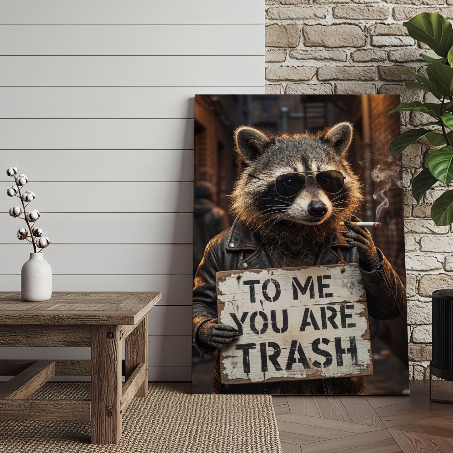 Raccoon Smoking Cigarette Holding “To Me You Are Trash” Sign Canvas Wall Art