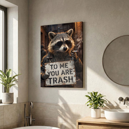 Raccoon Smoking Cigarette Holding “To Me You Are Trash” Sign Canvas Wall Art