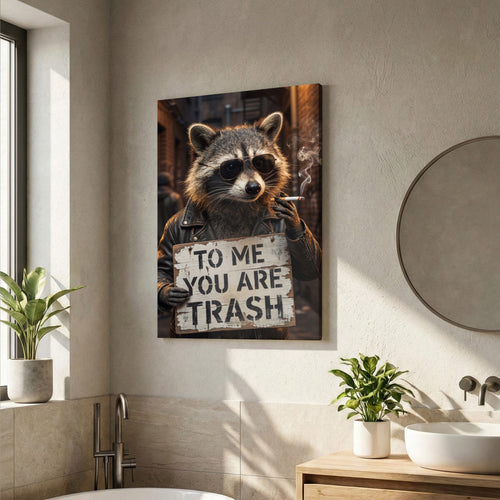 Raccoon Smoking Cigarette Holding “To Me You Are Trash” Sign Canvas Wall Art