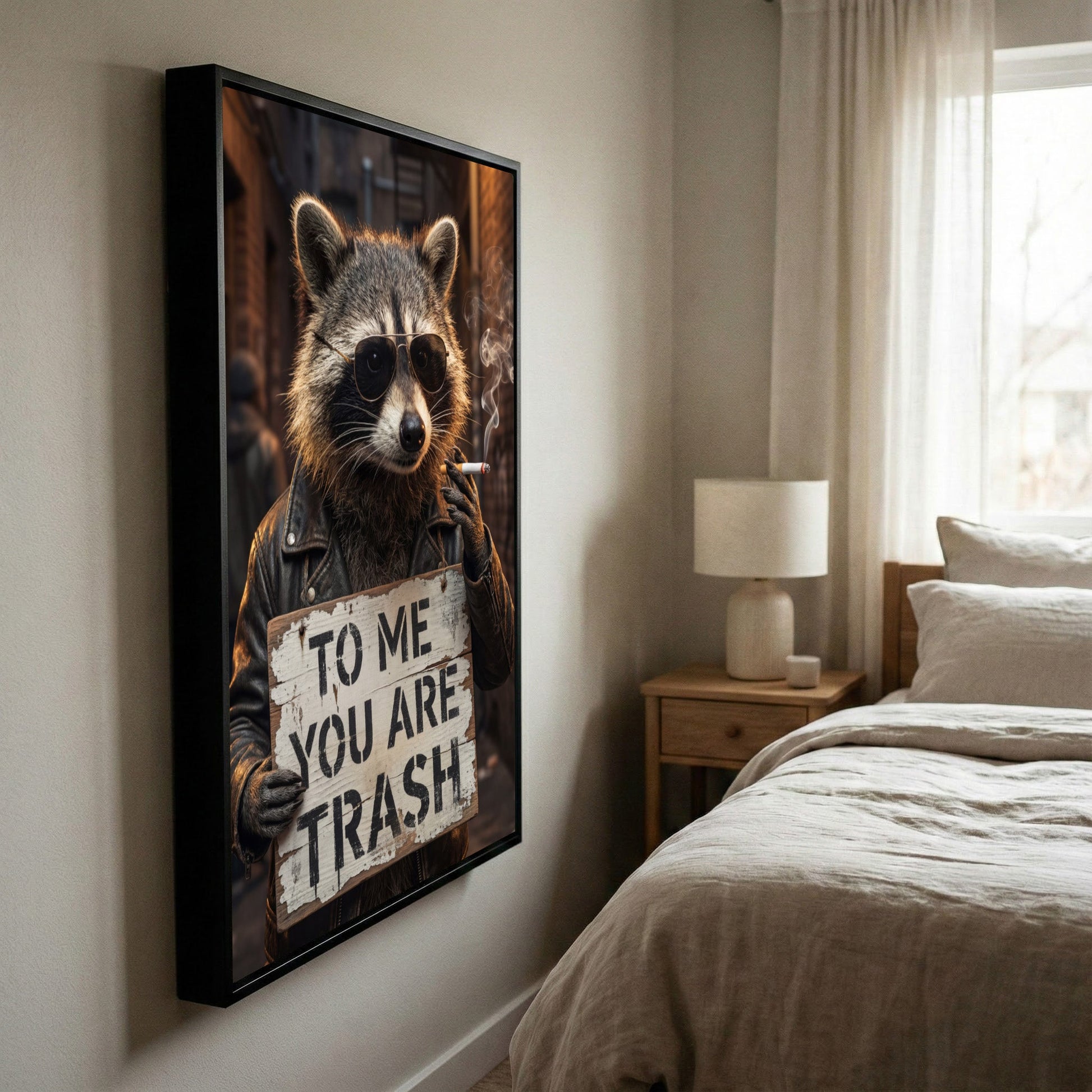 Raccoon Smoking Cigarette Holding “To Me You Are Trash” Sign Canvas Wall Art