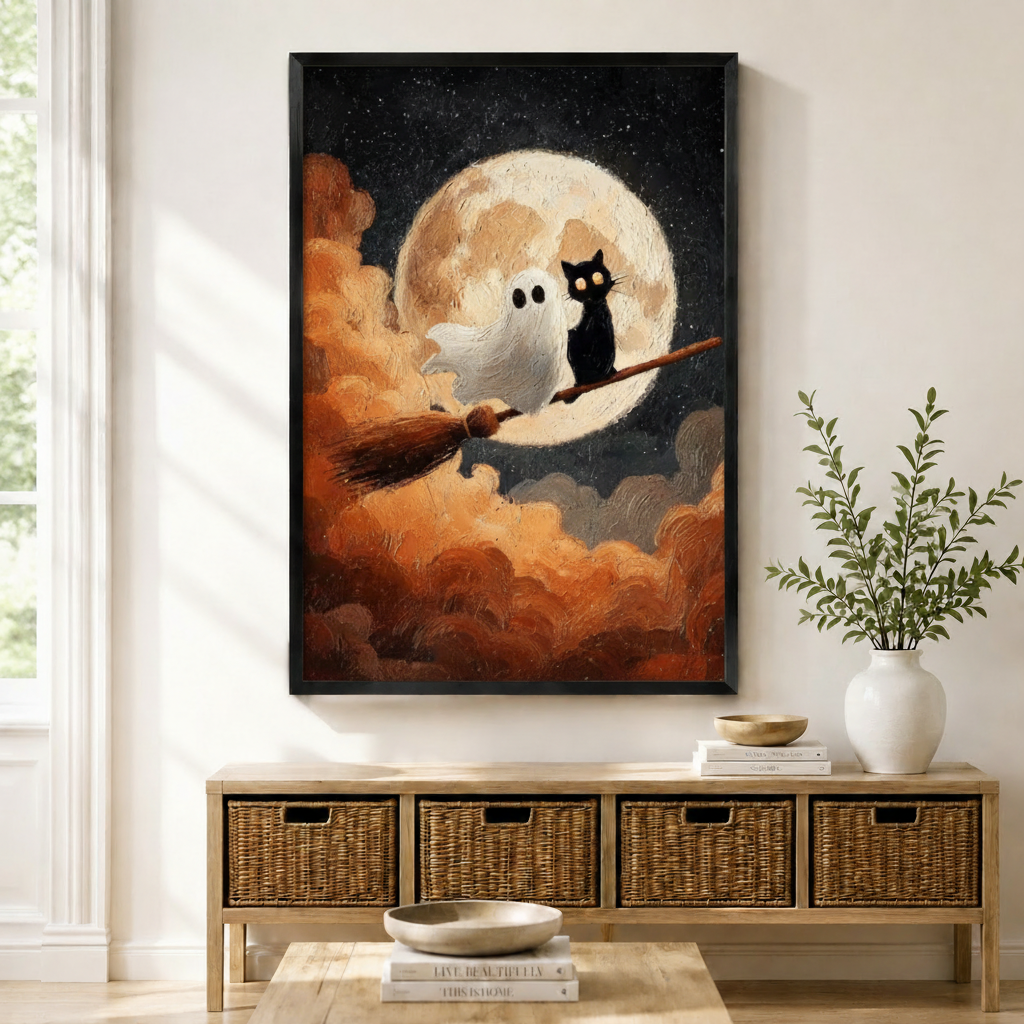 Black Cat Ghost Moonlit Halloween Canvas Wall Art