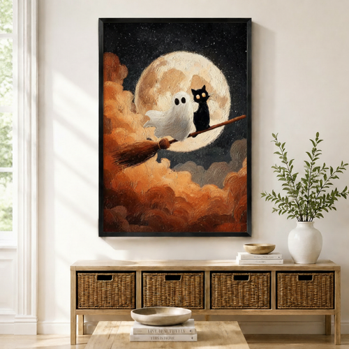 Black Cat Ghost Moonlit Halloween Canvas Wall Art