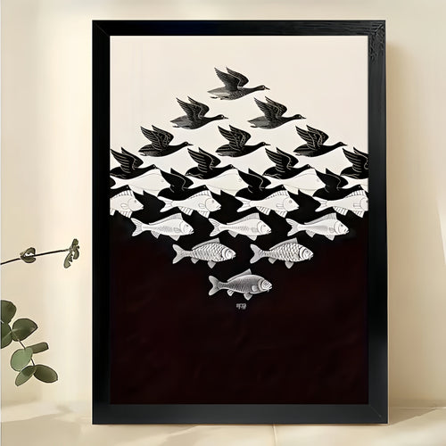 The Bird Fish Reversible Illusion – Minimalist Mind-Bending Wall Art on Natural Wood Canvas