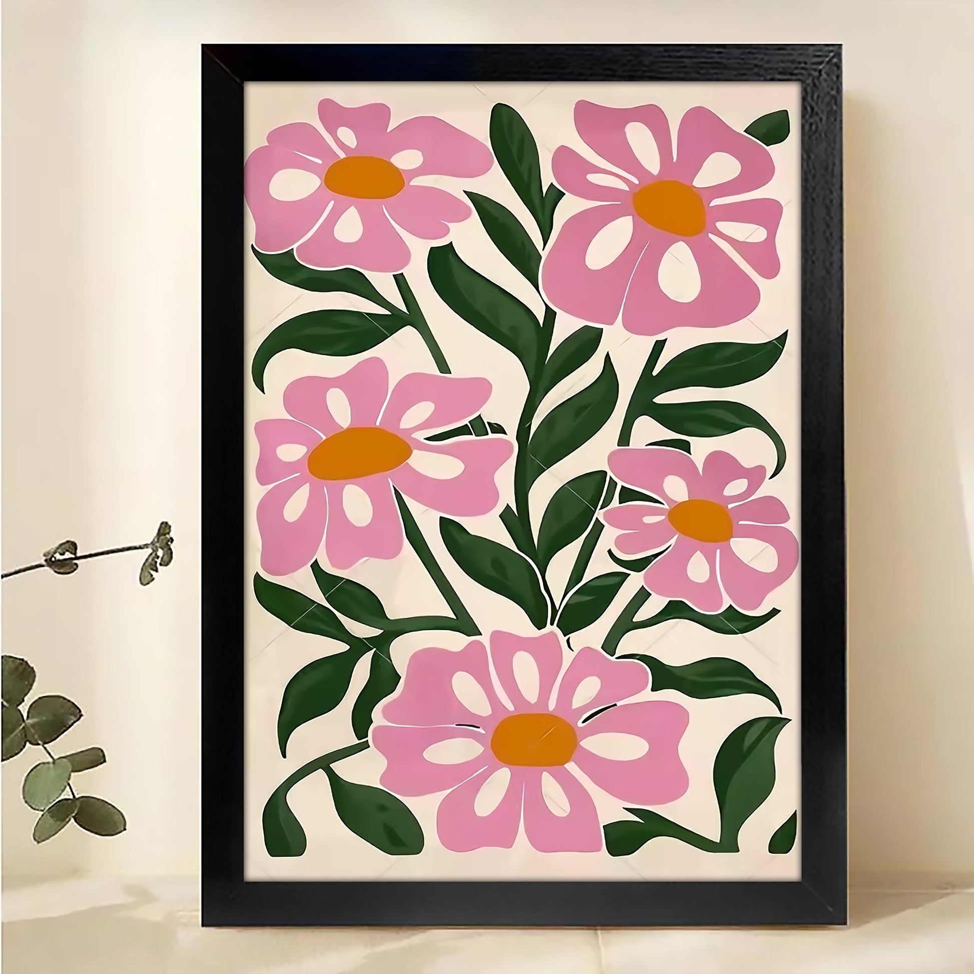 Pink Floral Pattern – Vibrant Botanical Wall Art on Natural Wood Canvas
