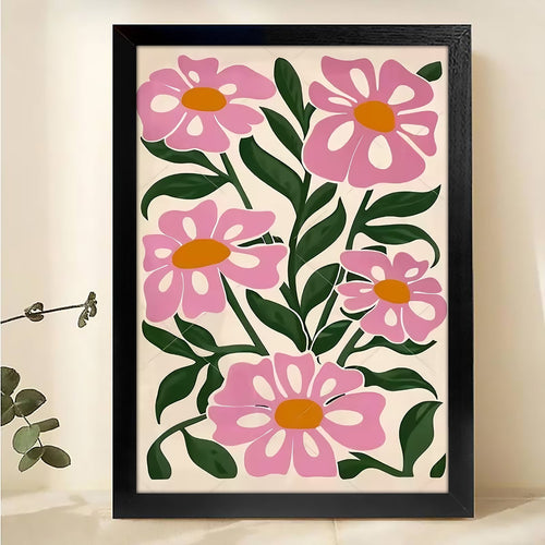 Pink Floral Pattern – Vibrant Botanical Wall Art on Natural Wood Canvas