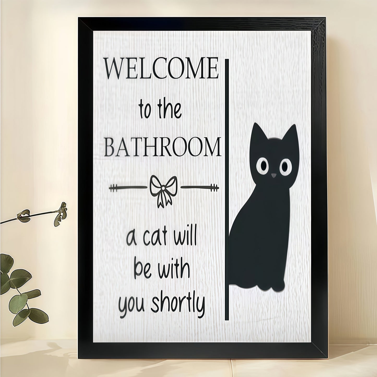 Welcome to the Bathroom Minimalist Black Cat – Humorous Bathroom Wall Art on Natural Wood Canvas