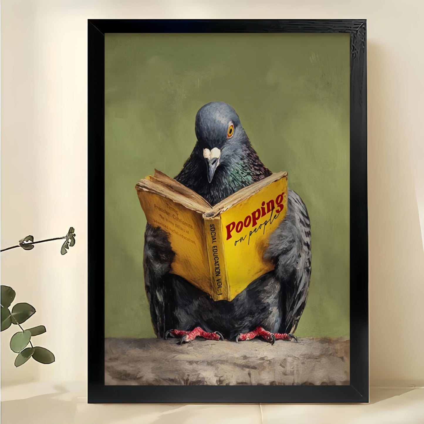Pigeon Reading “Pooping” Book – Humorous Bathroom Wall Art on Natural Wood Canvas