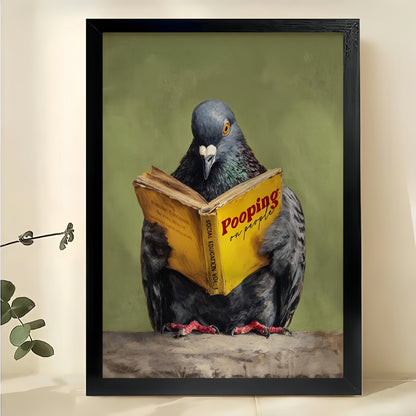 Pigeon Reading “Pooping” Book – Humorous Bathroom Wall Art on Natural Wood Canvas