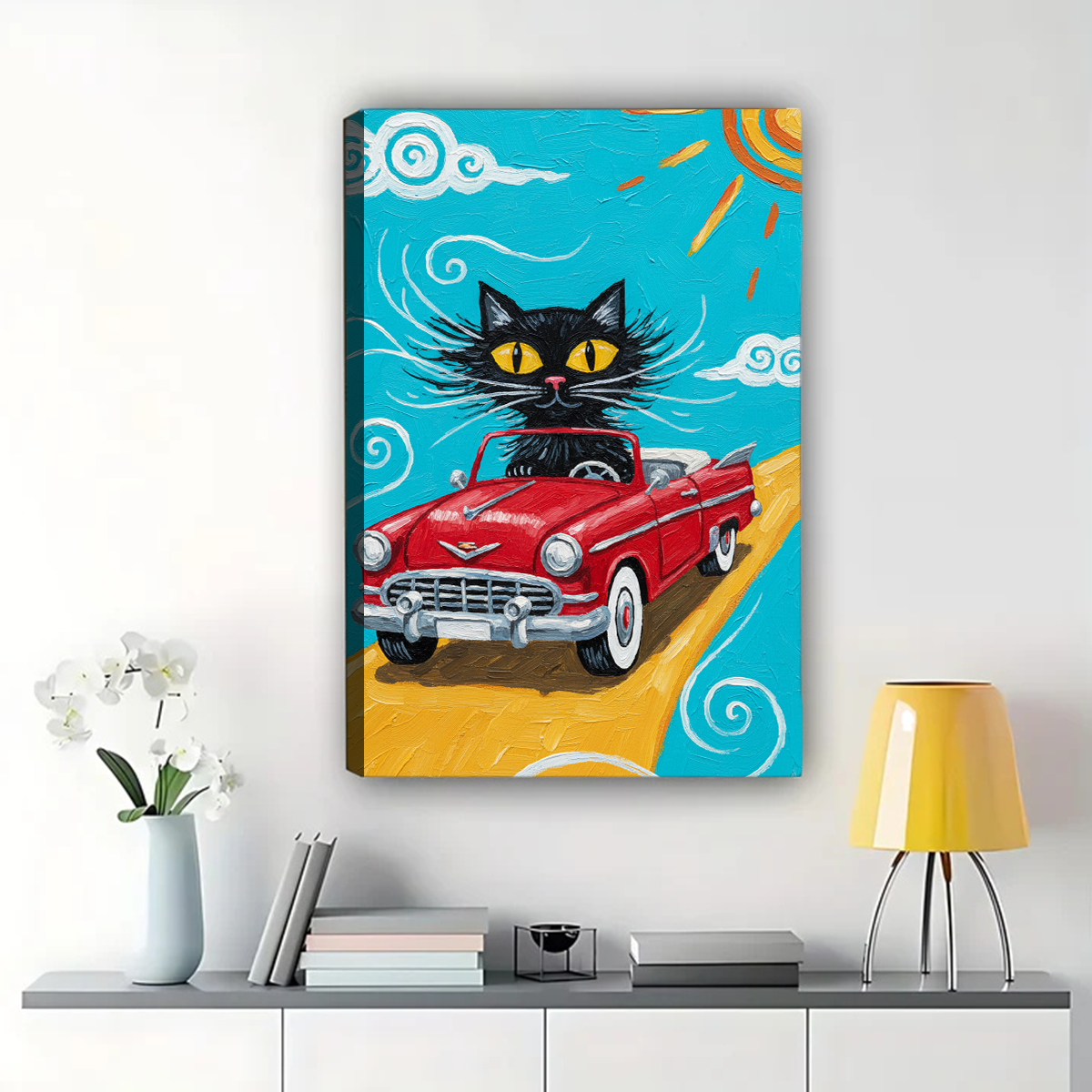 Black Cat in Vintage Red Car Art - Retro Road Trip Decor Canvas Wall Art