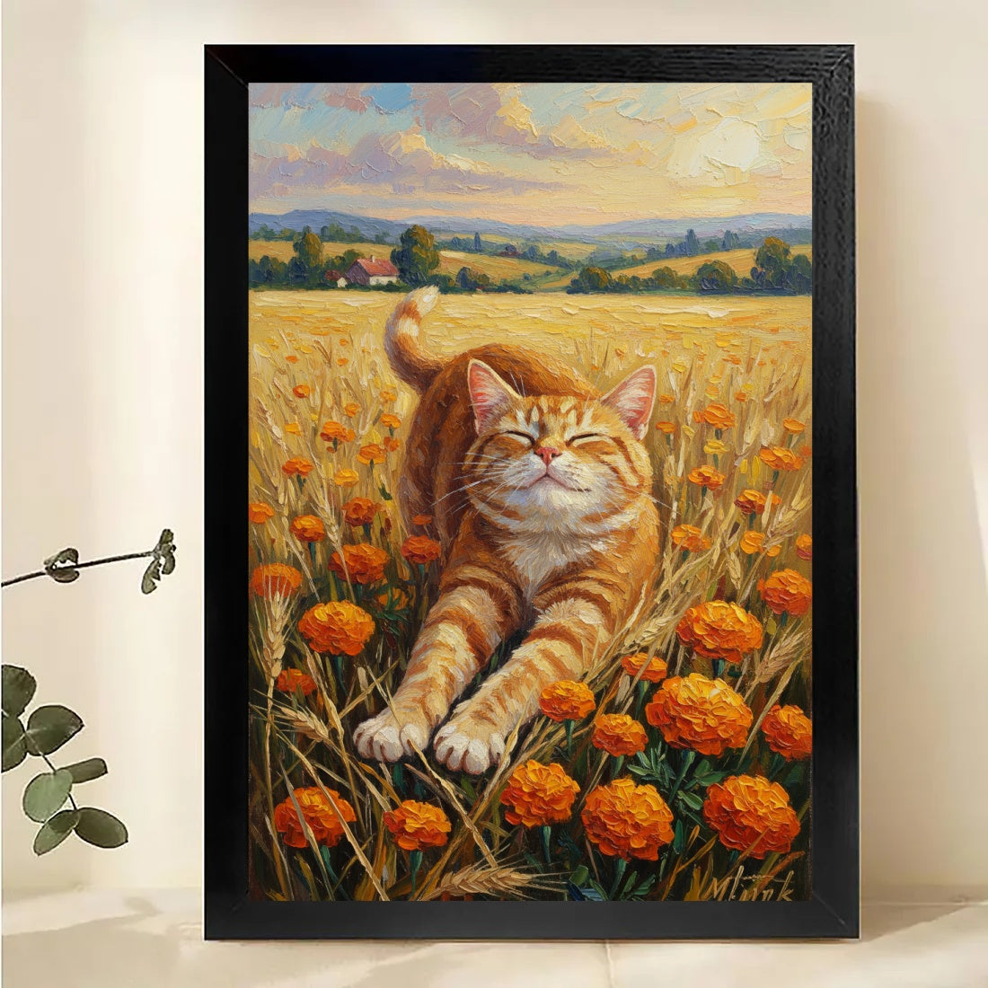 Happy Cat in Wheat Field Wall Art - Countryside Landscape Print