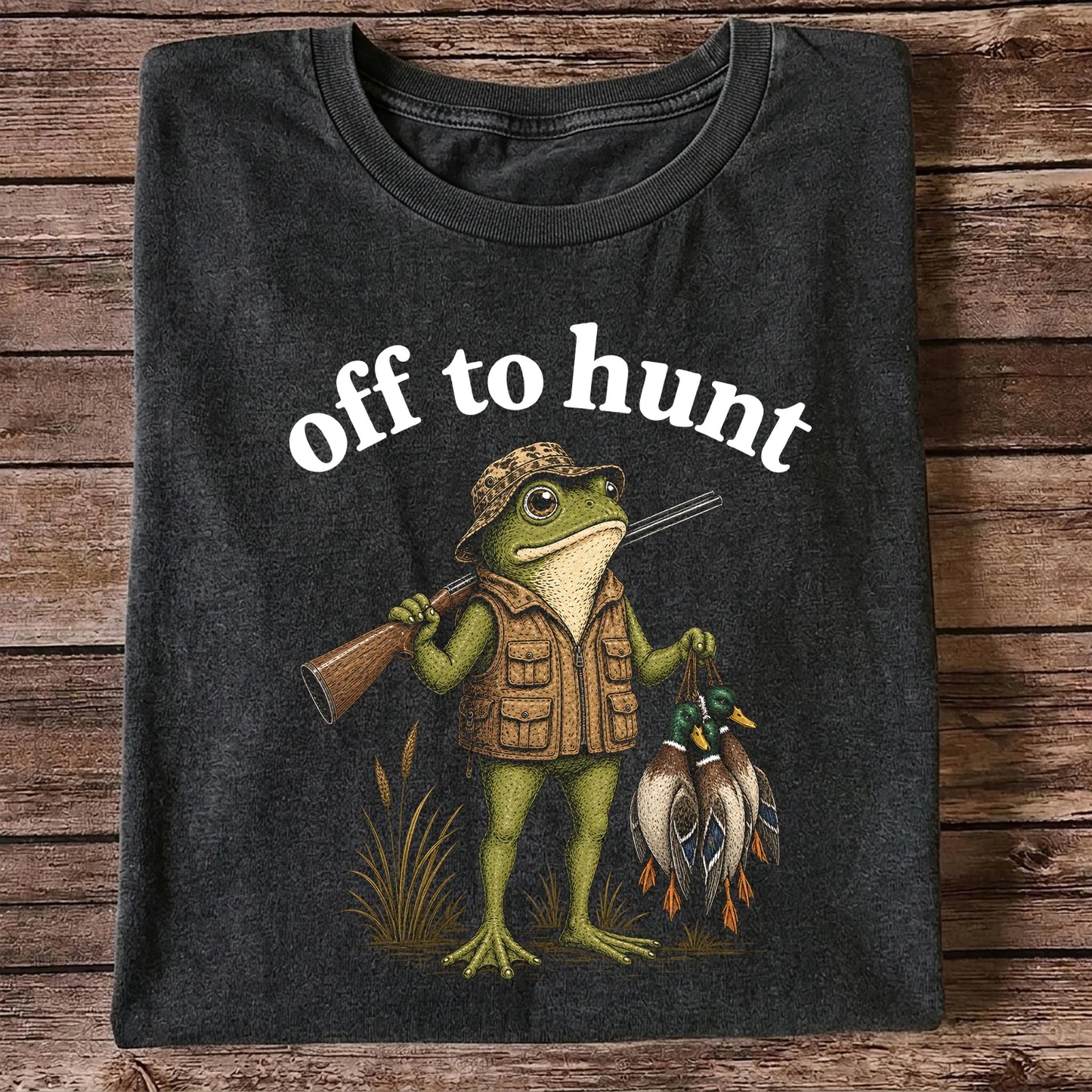 Off to Hunt T-Shirt, Funny Frog Duck Hunting Tee