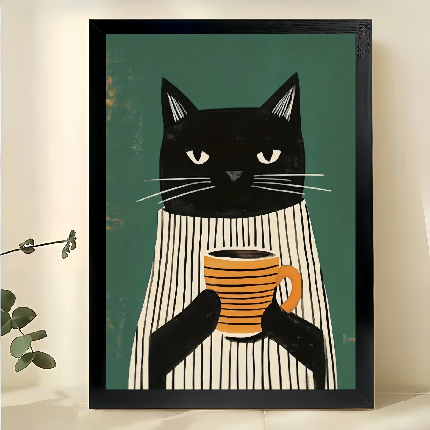 Retro Black Cat in Striped Shirt with Coffee Cup – Cozy Green Background Wall Art on Natural Wood Canvas