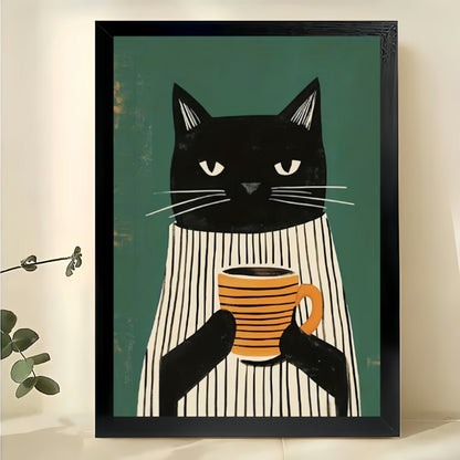 Retro Black Cat in Striped Shirt with Coffee Cup – Cozy Green Background Wall Art on Natural Wood Canvas