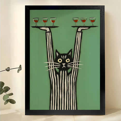 Black Cat Balancing Wine Glasses – Whimsical Bar-Themed Wall Art on Natural Wood Canvas