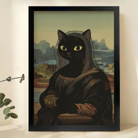 Mona Lisa Black Cat Parody – Classic Art Humorous Wall Art on Natural Wood Canvas