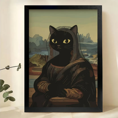 Mona Lisa Black Cat Parody – Classic Art Humorous Wall Art on Natural Wood Canvas