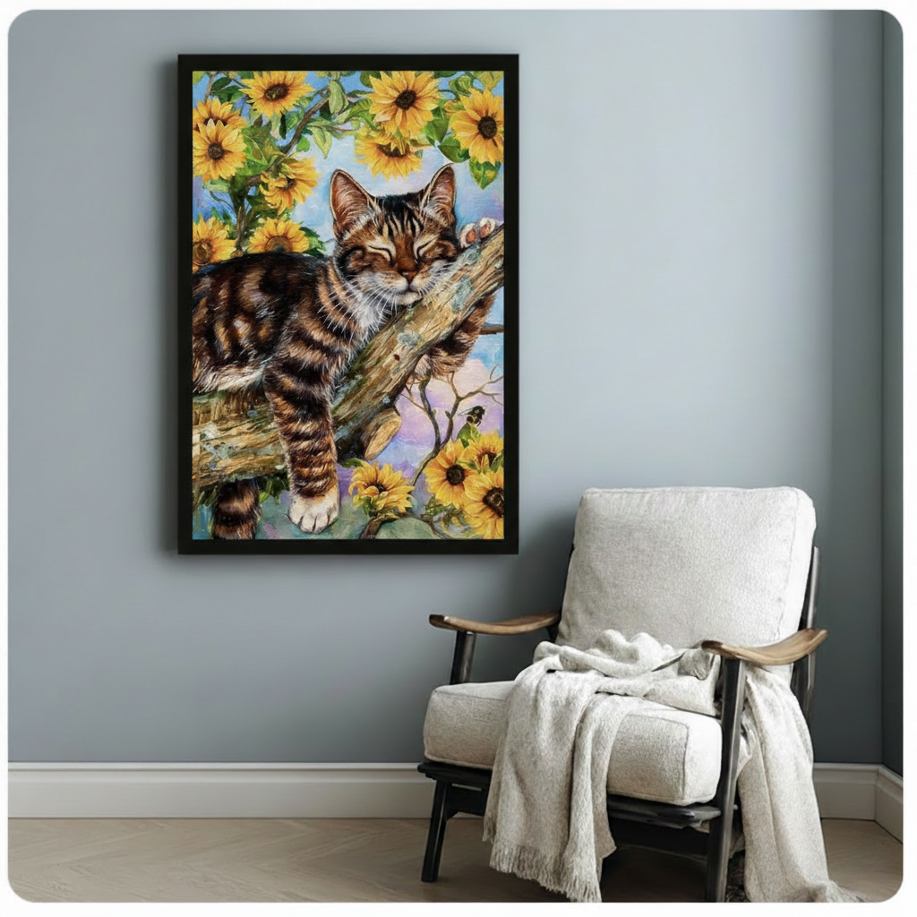 Cat Sunflower Canvas Wall Art – Framed