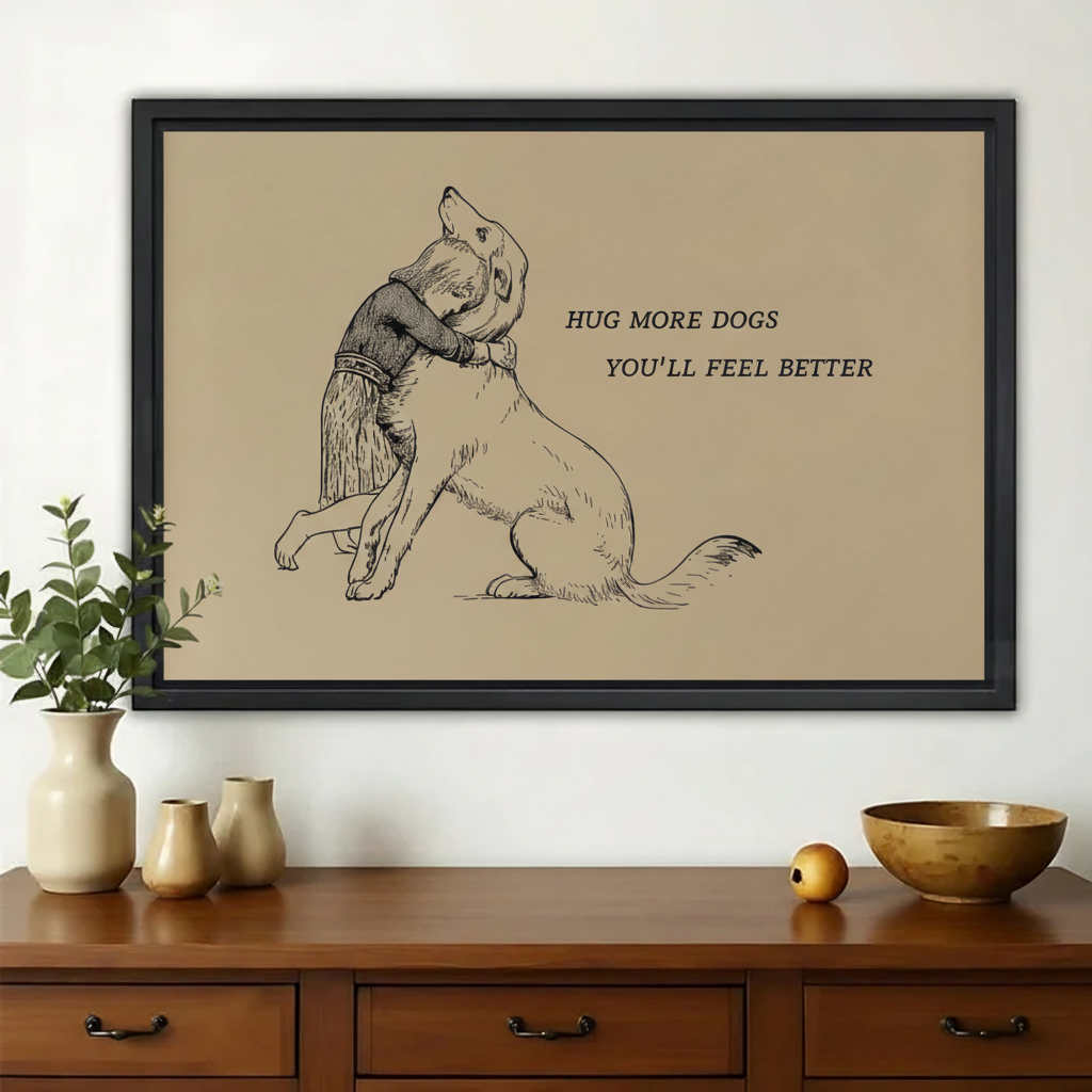 Hug More Dogs – Minimalist Line Art Pet Wall Decor on Natural Wood Canvas