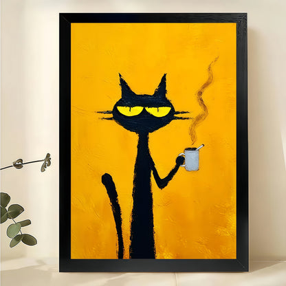 Retro Black Cat with Coffee & Pipe – Bold Yellow Background Wall Art on Natural Wood Canvas