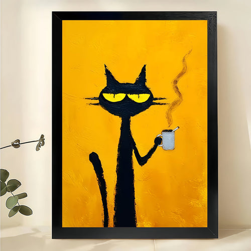 Retro Black Cat with Coffee & Pipe – Bold Yellow Background Wall Art on Natural Wood Canvas